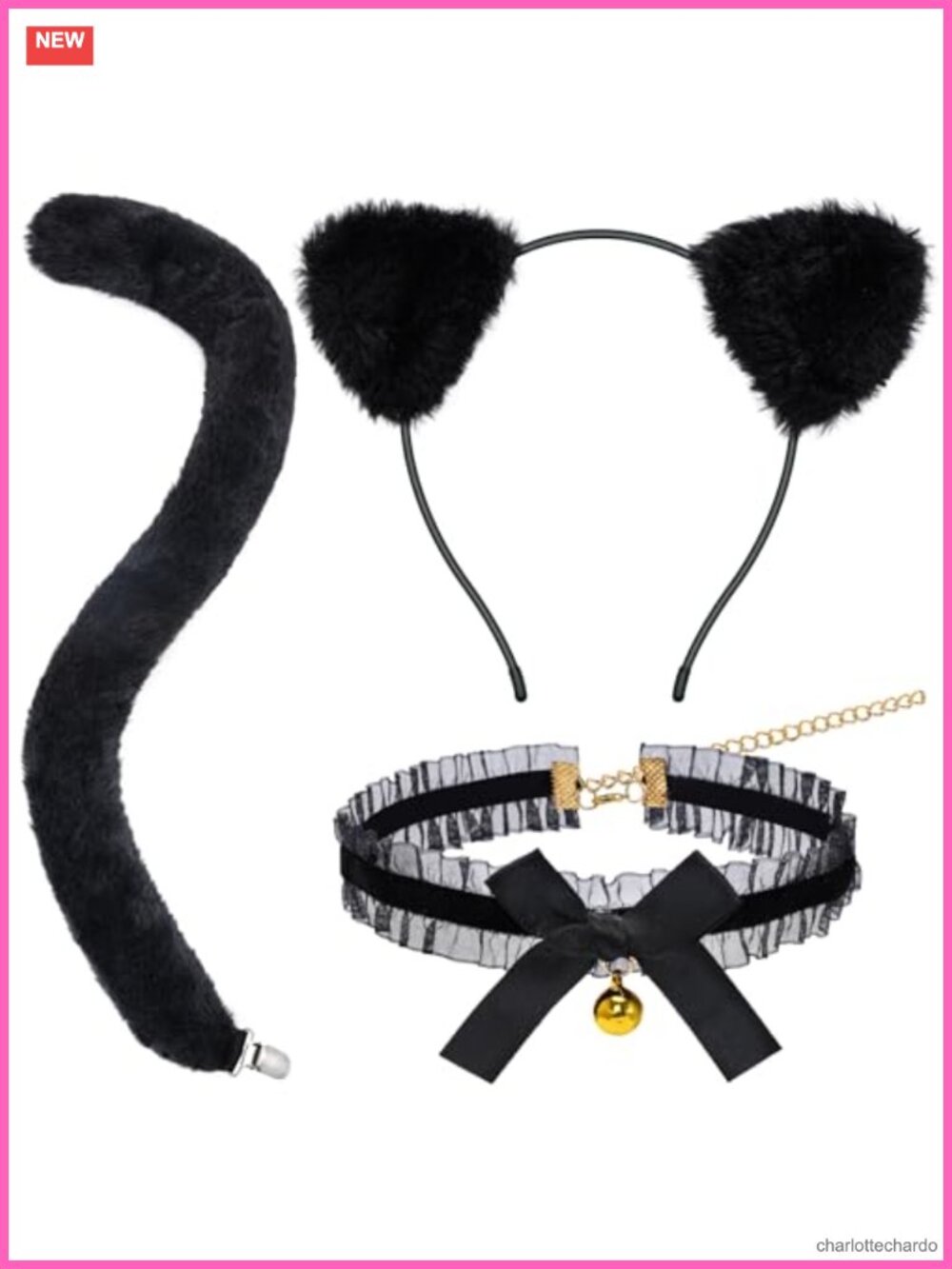 Plush Cat Ears Headband Tail Collar Set Halloween Costume Accessory